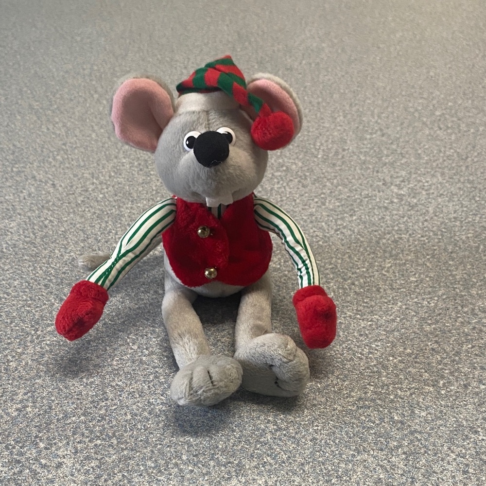 Festive Gray Mouse Plush with Red and Green Accents
